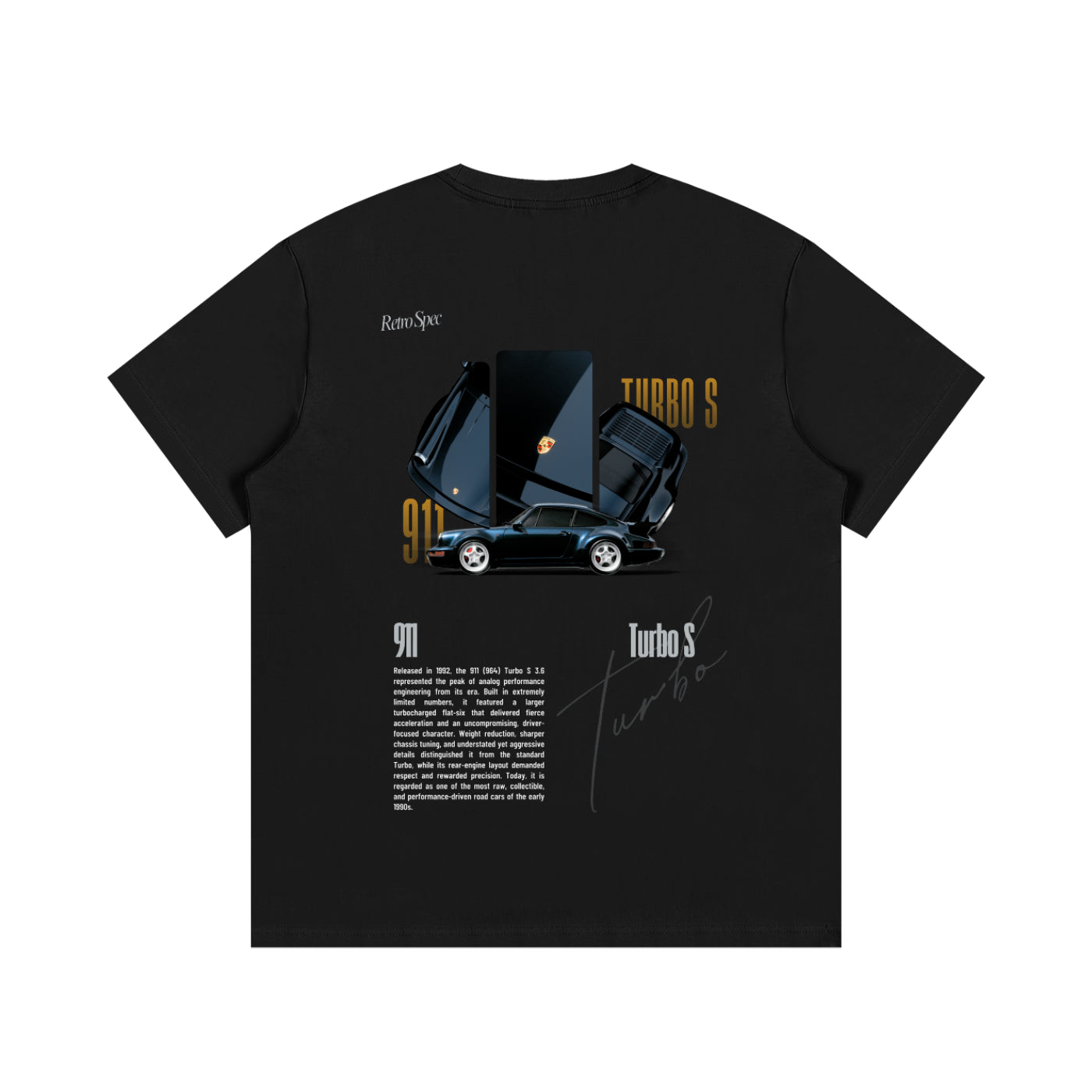 Black t-shirt with Turbo S graphic on a white background
