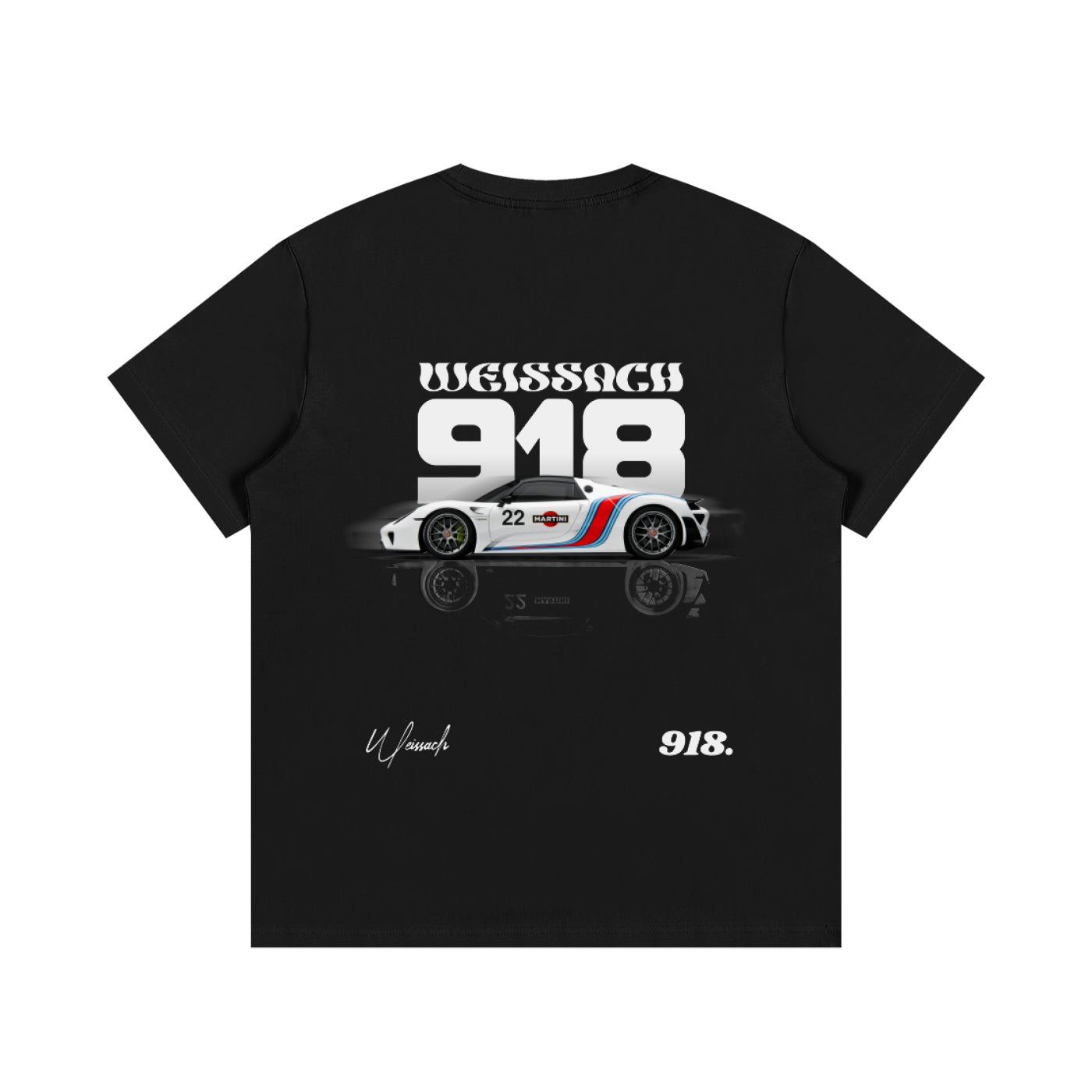 Black t-shirt with a car graphic and '918' text on a white background
