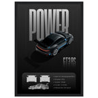 Framed poster of a black sports car with 'POWER' and 'GT3 RS' text on a dark background.