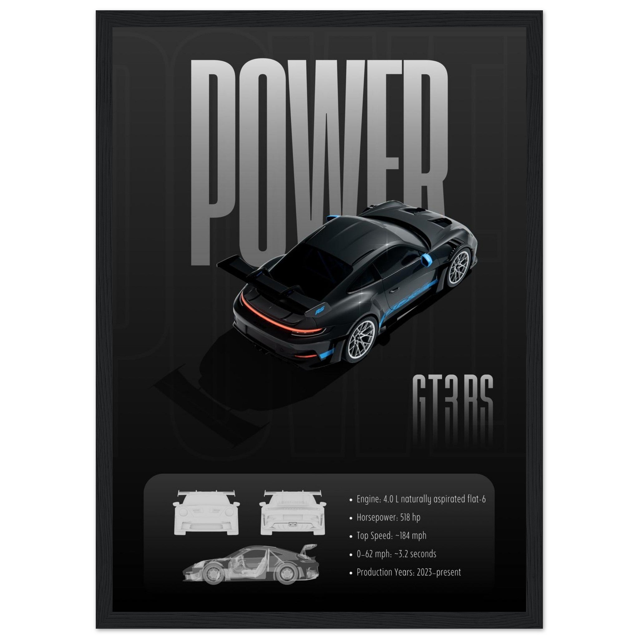 Framed poster of a black sports car with 'POWER' and 'GT3 RS' text on a dark background.