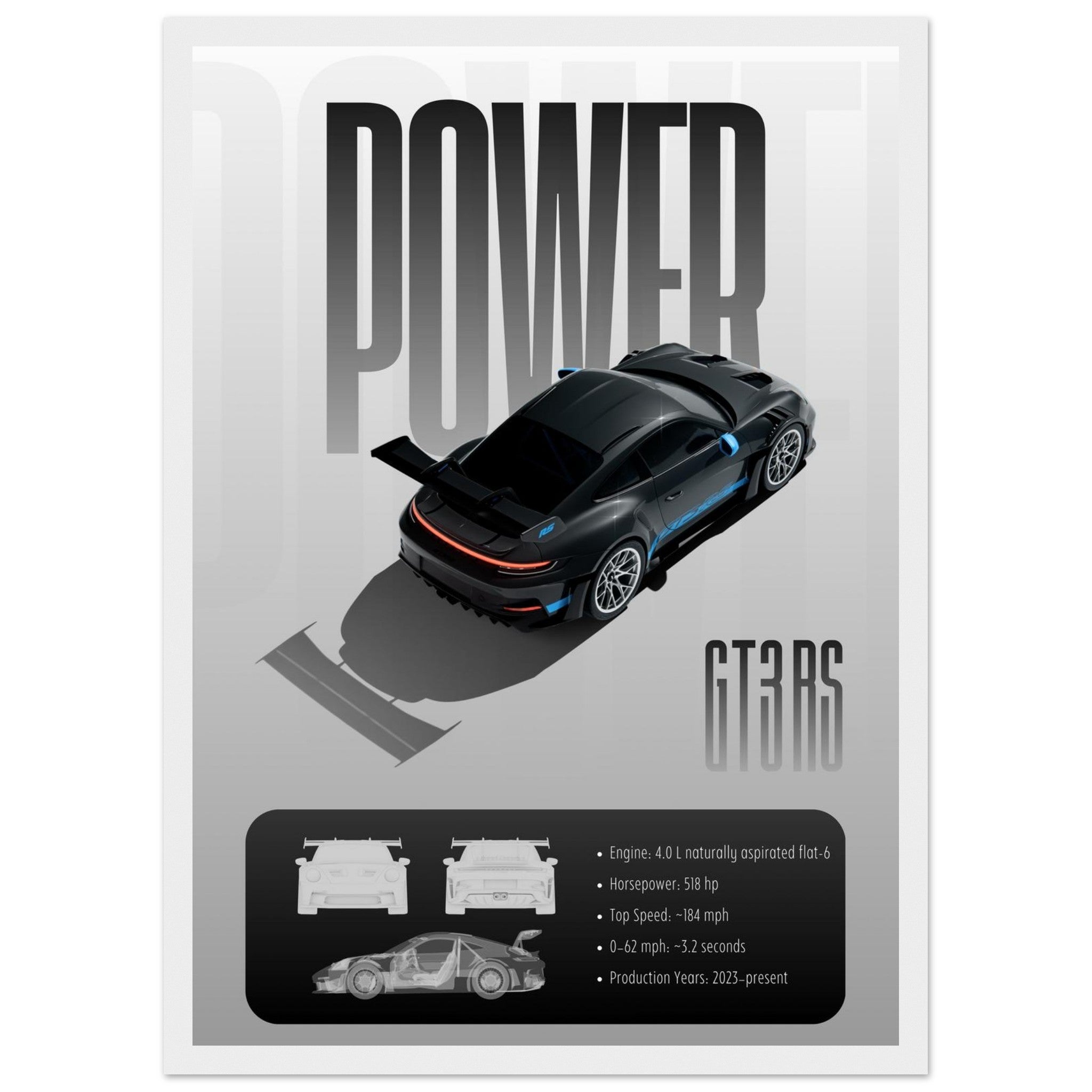 Car poster with 'POWER' and 'GT3 RS' text on a white background