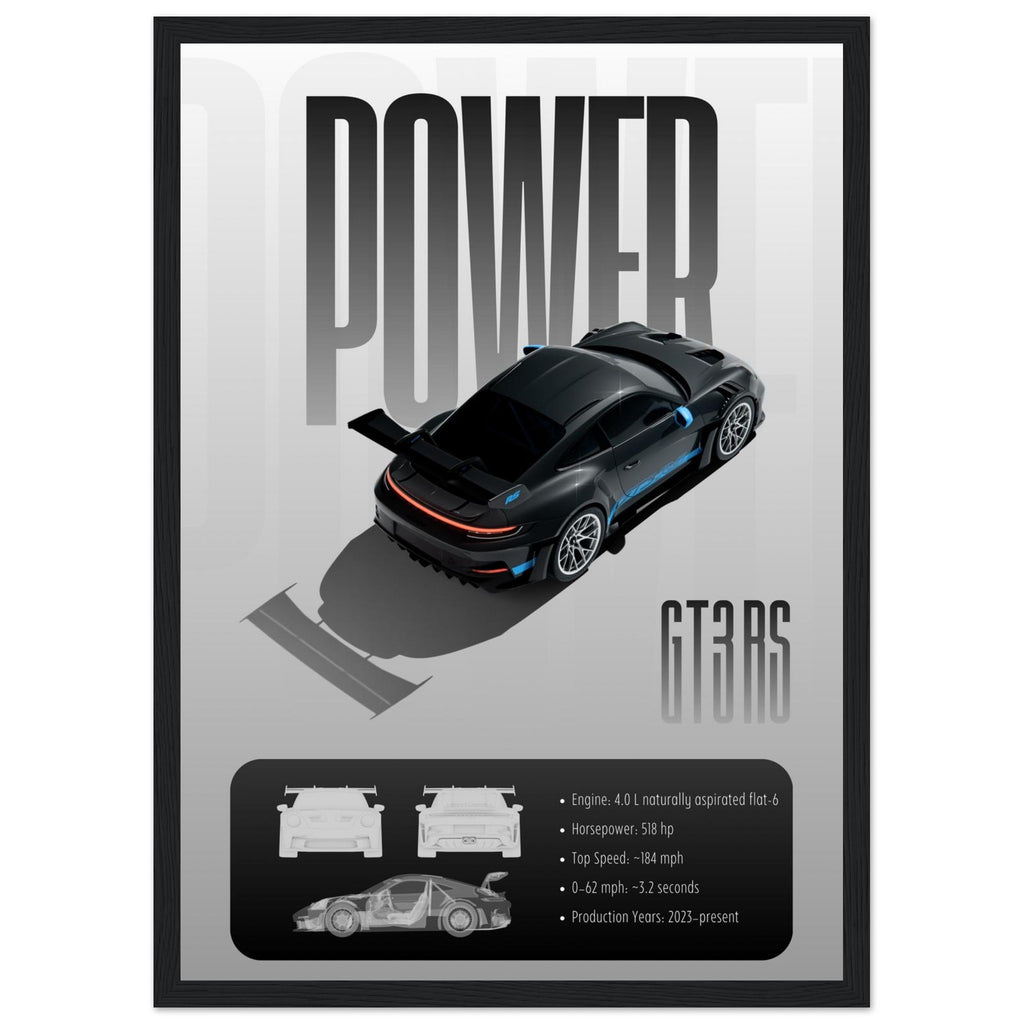 Framed poster of a black sports car with 'POWER' and 'GT3 RS' text on a white background