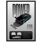 Framed poster of a black sports car with 'POWER' and 'GT3 RS' text on a white background