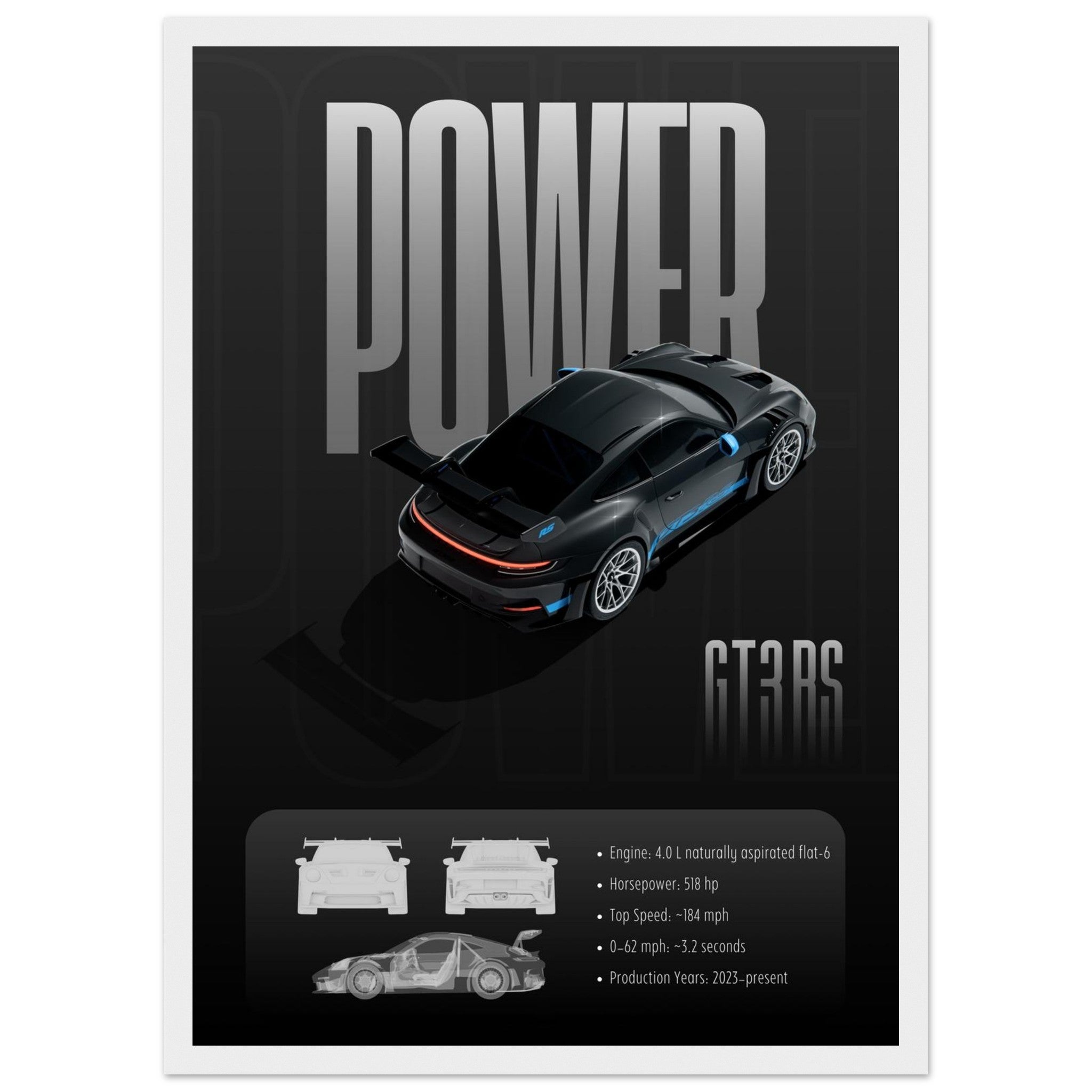 Car poster with 'POWER' text and car design on a black background