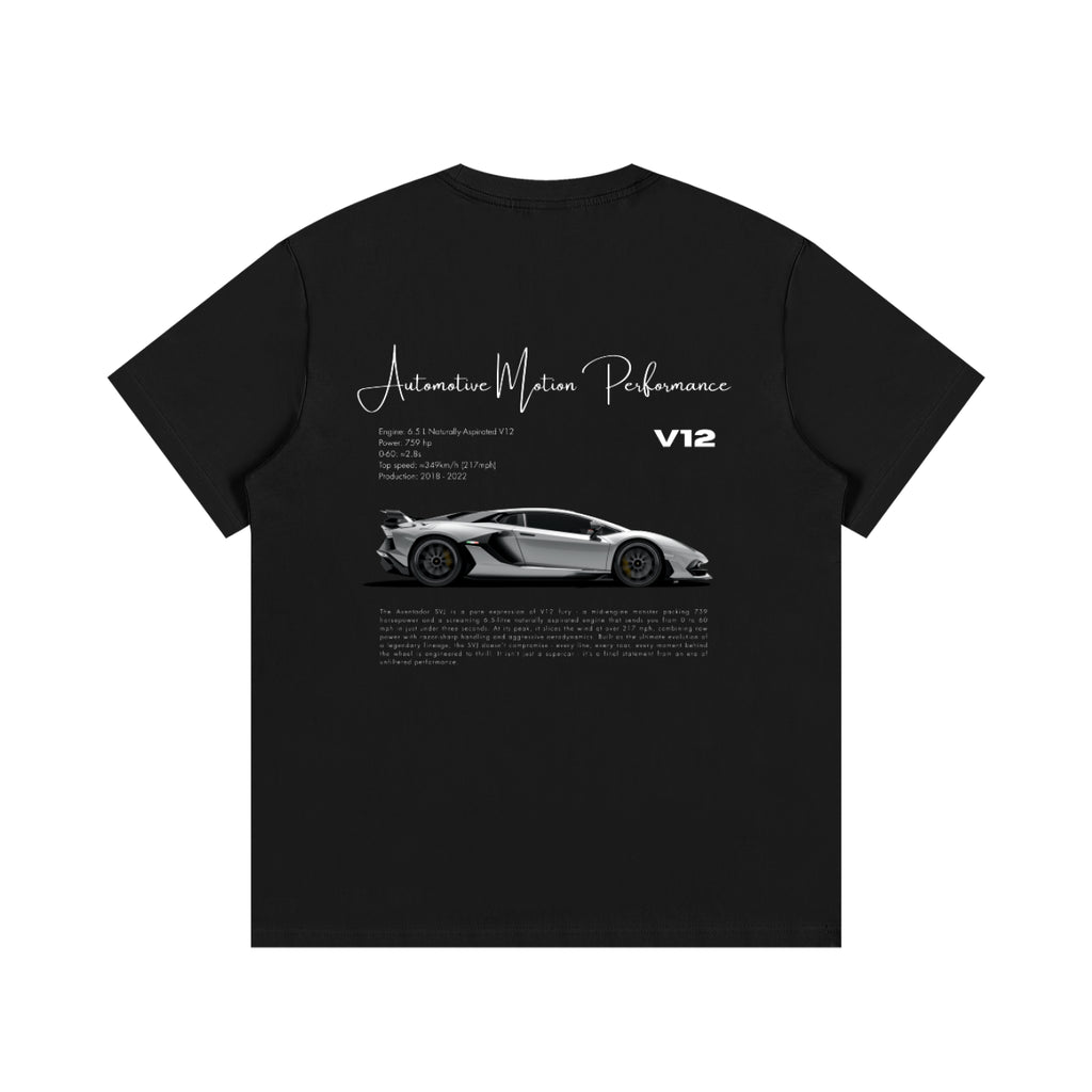 Black t-shirt with a white sports car design and text on a white background