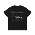 Black t-shirt with a white sports car design and text on a white background