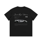 Black t-shirt with a white sports car design and text on a white background