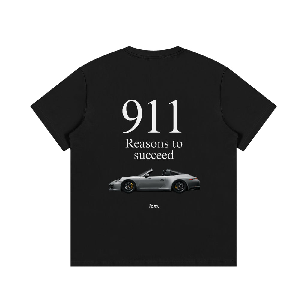 Black t-shirt with a car graphic and text on a white background