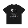 Black t-shirt with a car graphic and text on a white background
