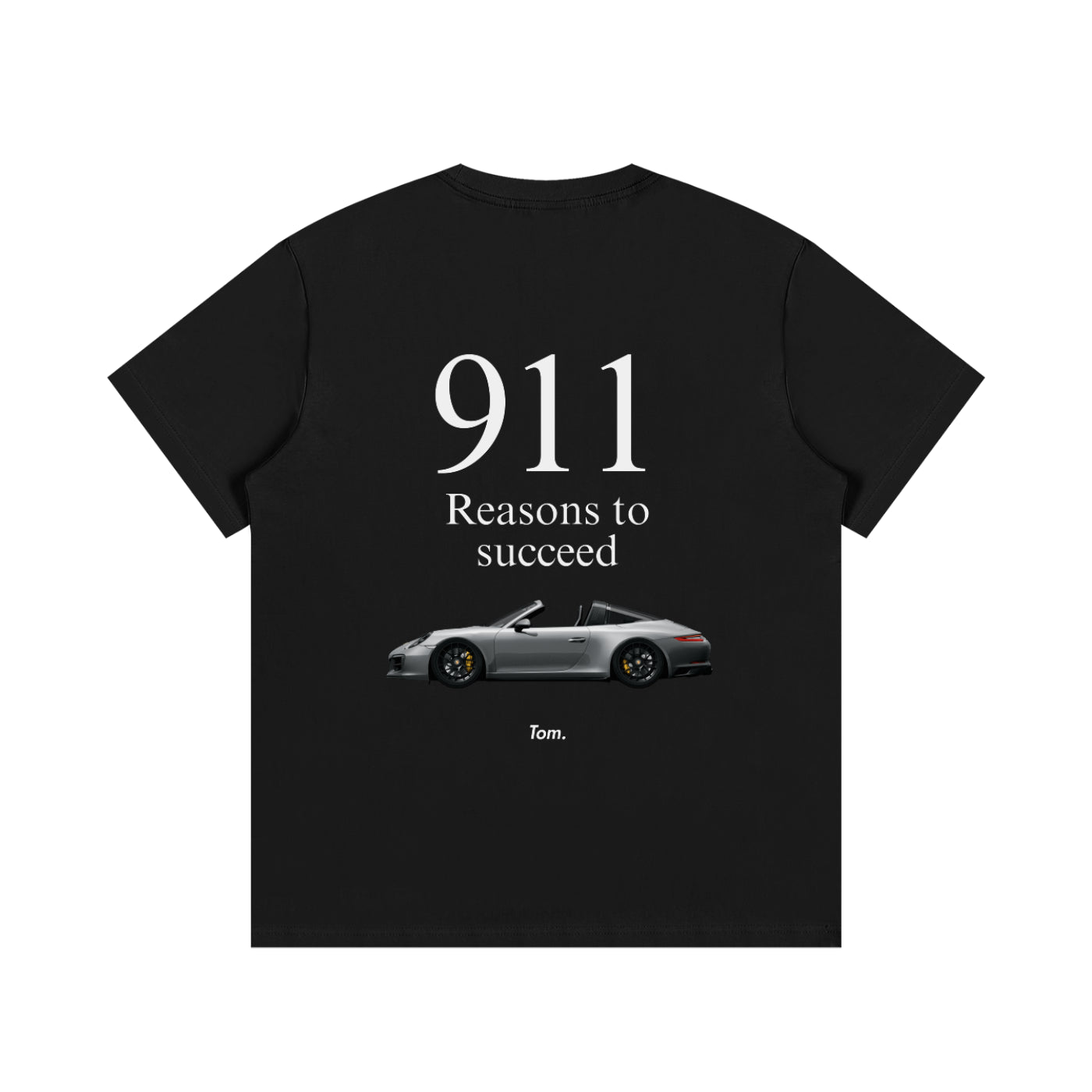 Black t-shirt with a car graphic and text on a white background