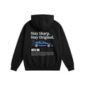 Black hoodie with car graphic and text on a white background GT3 Stay Sharp, Stay Original Cotton Hoodie