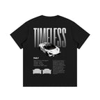 Black t-shirt with a white sports car graphic and 'TIMELESS' text on a white background
