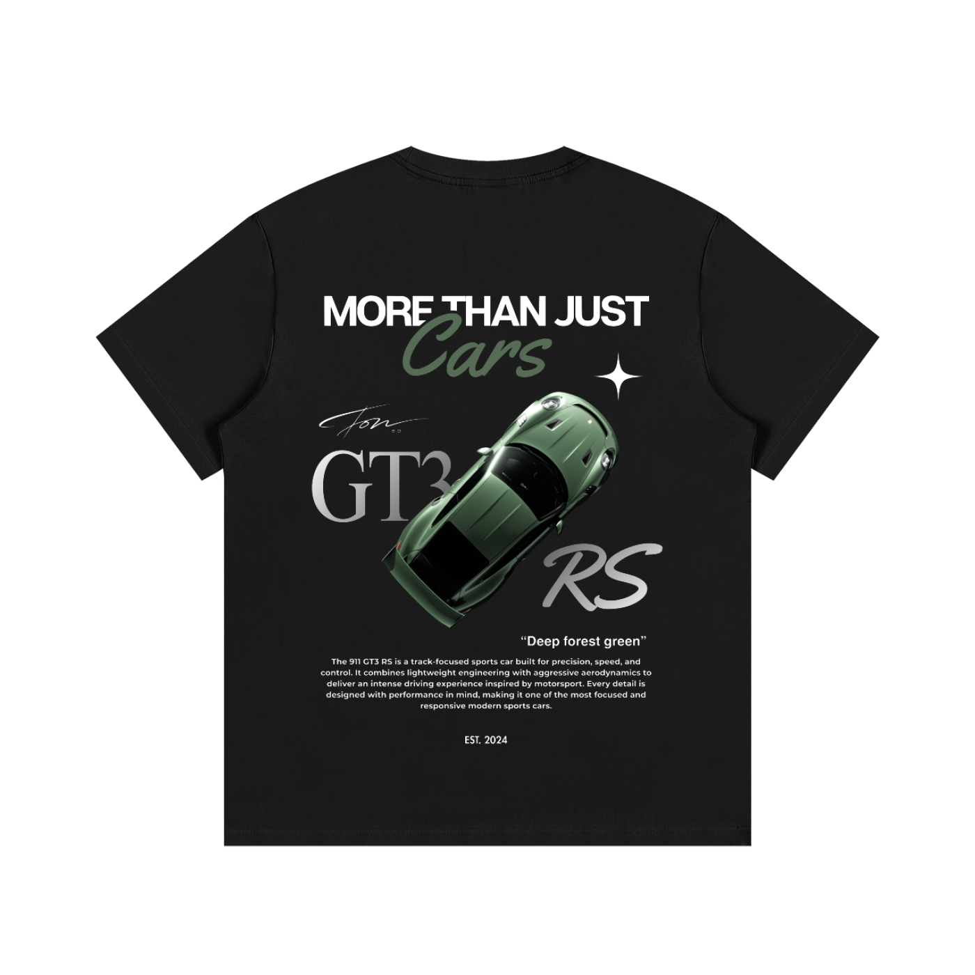 Black t-shirt with green car graphic and text on a white rs background, Gt 3 