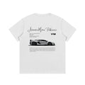 White t-shirt with automotive design and text on a white background