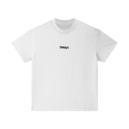 White t-shirt with a small logo on a white background