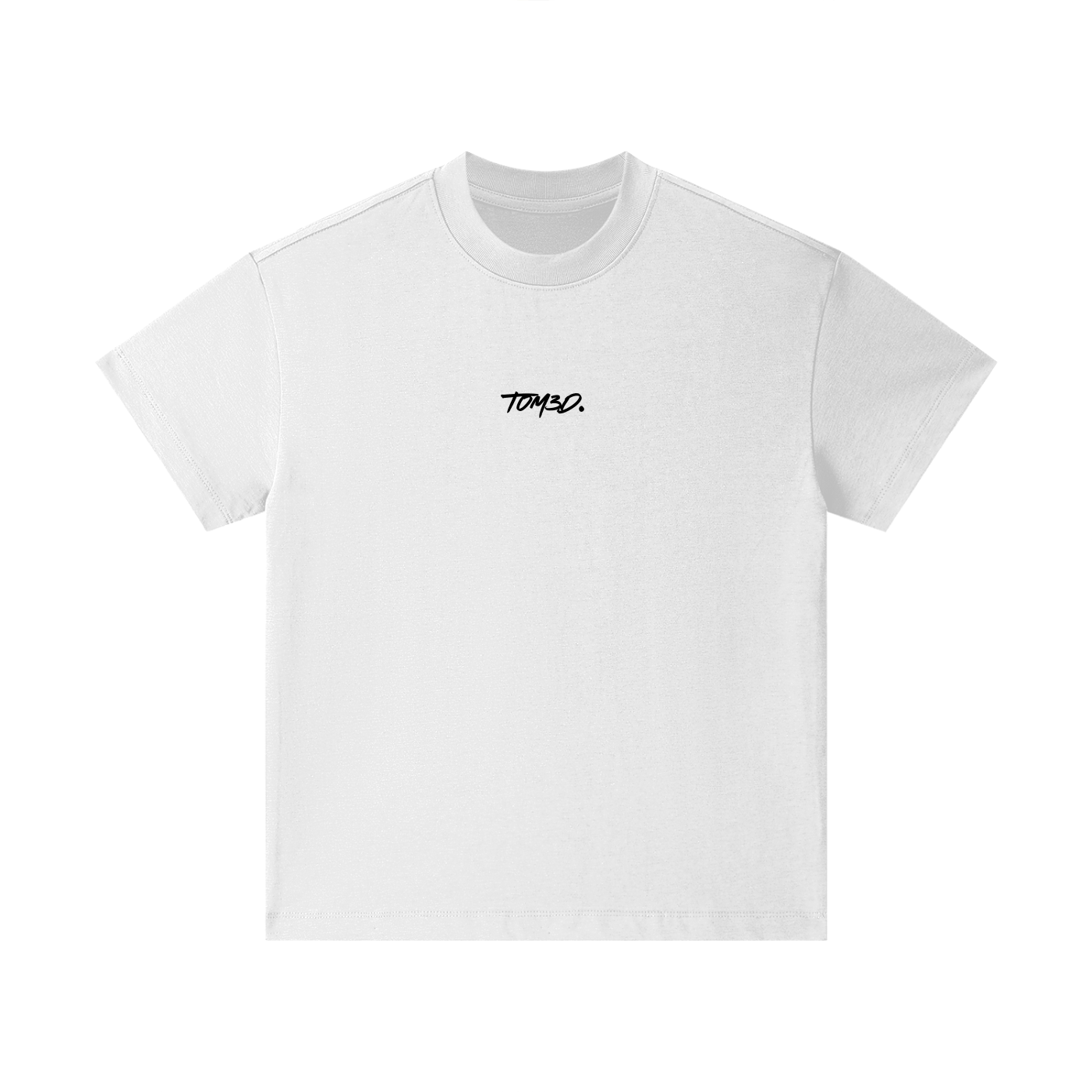 White t-shirt with a small logo on a white background